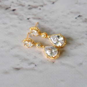ANDREA Gold Crystal Bridal Earrings, Wedding earrings, Long Bridal earrings Bridesmaids Swarovski Wedding Jewelry Long Crystal Stud Earrings