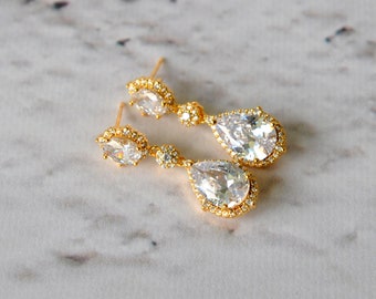 ANDREA Gold Crystal Bridal Earrings, Wedding earrings, Long Bridal earrings Bridesmaids Swarovski Wedding Jewelry Long Crystal Stud Earrings