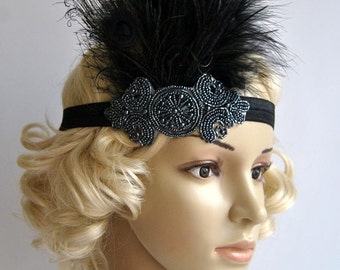 Dark Gray Vintage Inspired Headband, The Great Gatsby Headband, 1920s headpiece, Flapper Feather Headband, boho, rhinestone beaded headband