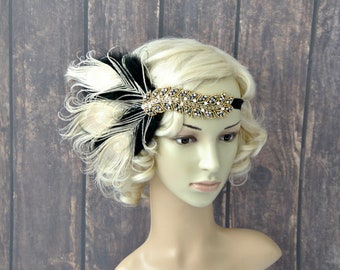 Vintage Flapper Stirnband 1920er Jahre – Mit Perlen-Applikation, Schwarz, Elastisch – Für Gatsby & Kostümpartys