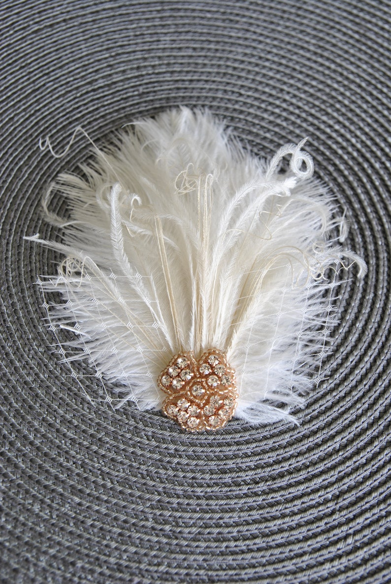 Ivory Rhinestone head piece fascinator Bridal White hairpiece headbpiece, Feather Fascinator, 1920s Headpiece ivory wedding fascinator gift image 9