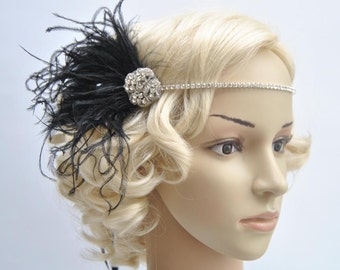 Crystal Rhinestone Headband Headpiece, 1920s flapper gatsby Headband, Wedding Headband, rhinestone feather Headband