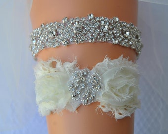 Crystal Bridal Garter Set, Wedding Garter Set Ivory,White Ivory Shabby Chic Rhinestone Garter, Crystal Rhinestone Garter and Toss Garter Set