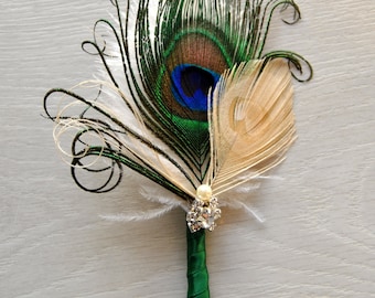 Peacock Groom Wedding Boutonniere, Ostrich Feather Ivory Green 1920s groomsmen boutonnire, Bridal groom boutonniere, crystal button hole