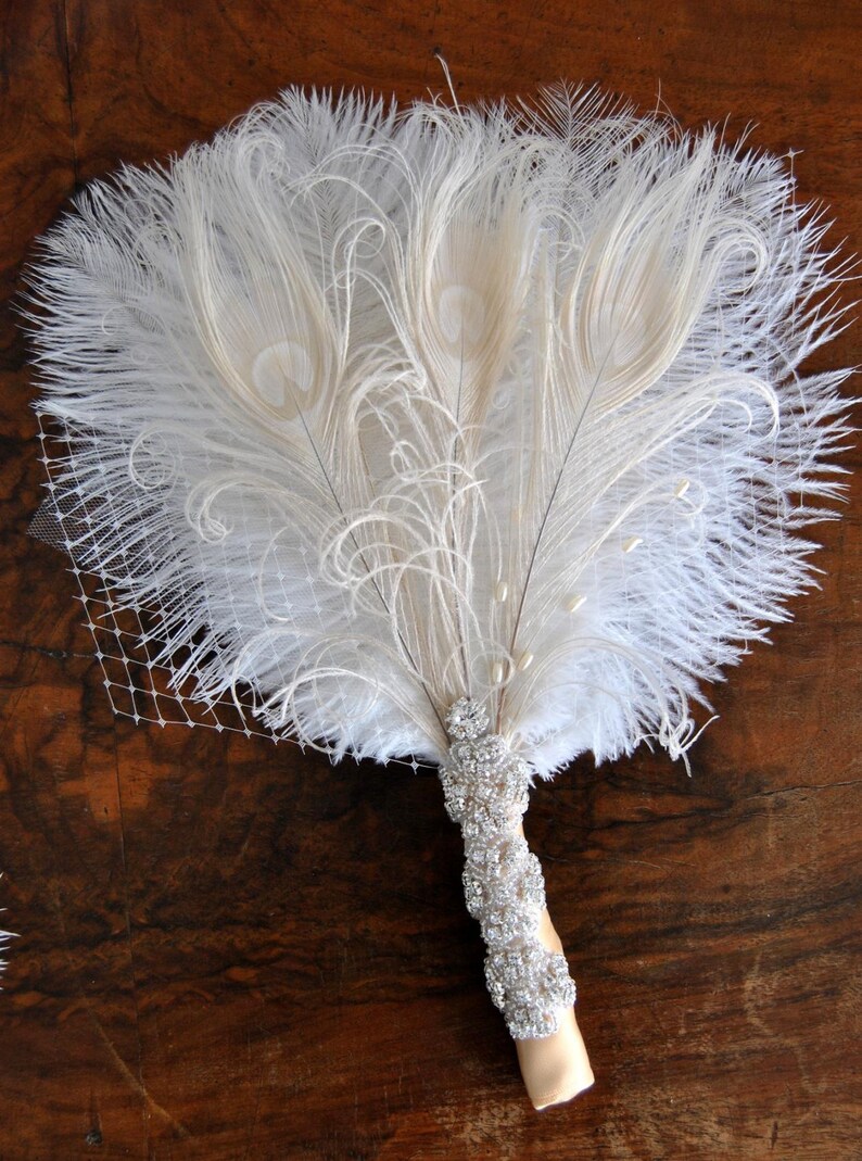 Bridal Fan alternative Ostrich Feather Fan Bridal Bouquet Ivory Gatsby 1920s Bouquet Bridesmaid Fan wedding groom feathers boutonniere gift image 2