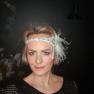 Gatsby 20's ivoor zendspoel hoofdband, parels flapper hoofdband jaren 1920 flapper zendspoel tovenaar, kristallen veer bruids hoofdband cadeau afbeelding 5