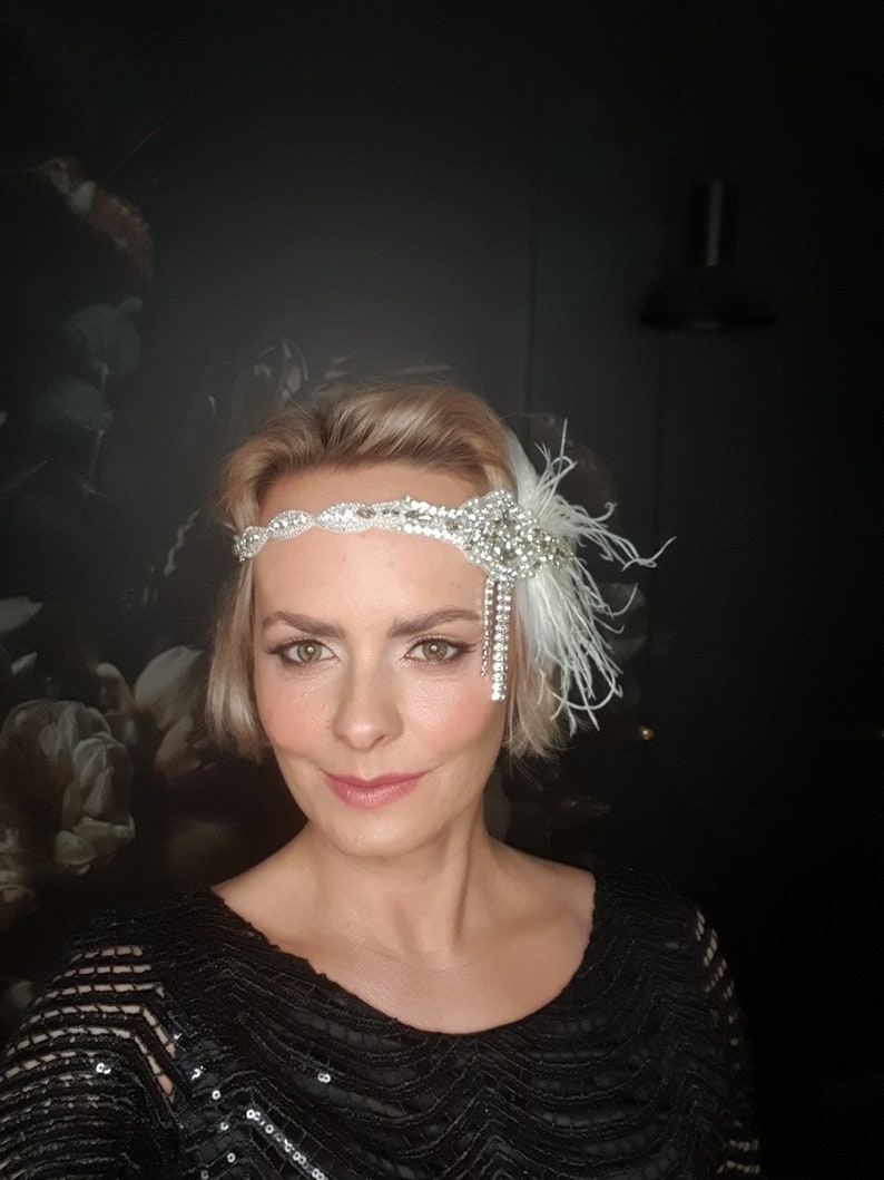 Gatsby 20's ivoor zendspoel hoofdband, parels flapper hoofdband jaren 1920 flapper zendspoel tovenaar, kristallen veer bruids hoofdband cadeau afbeelding 5