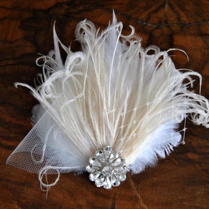 Veil and ivory fascinator Downton Abbey 1920's flapper headpiece ivory, Great Gatsby, birdcage veil set, Feather fasciantor image 4