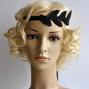 Black Vintage Inspired beaded Headband, The Great Gatsby Headband, 1920s headpiece, Flapper Headband, rhinestone beaded headband, black