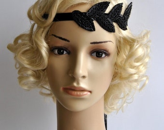 Schwarzes Vintage inspiriertes Perlen Haarband, The Great Gatsby Haarband, 1920er Jahre Kopfschmuck, Flapper Haarband, Strass Perlen Haarband, schwarz