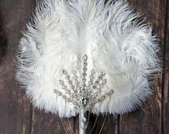 White Gorgeous Rose Gold Bridal Fan, brooch Bouquet, Ostrich Big alternative Feather Fan, Bridal Bouquet Great Gatsby 1902s wedding bouquet