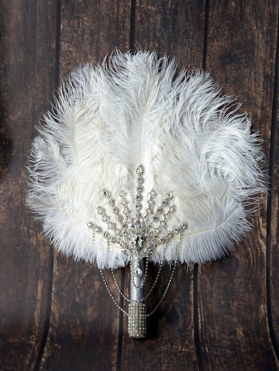 White Gorgeous Rose Gold Bridal Fan Brooch Bouquet Ostrich - Etsy