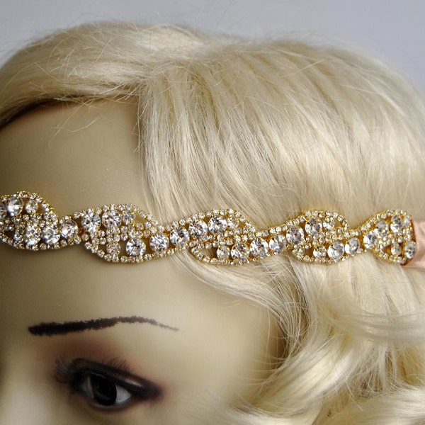 Tiara de strass dourada, tiara do Grande Gatsby, tiara de cristal, tiara de fita para casamento, tiara de melindrosa dos anos 1920