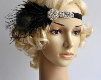 Flapper Feather Black Headband The Great Gatsby 1920s Flapper rhinestone Wedding Baby Flower Girl Headband dance Vintage headband headpiece