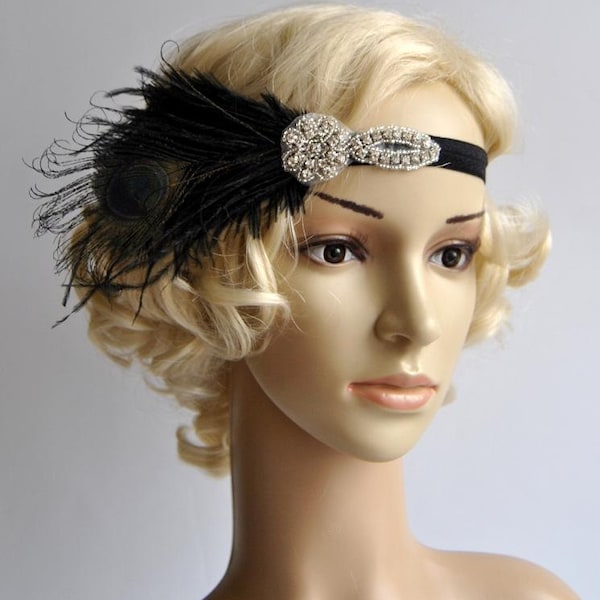 Flapper Feather Black Headband The Great Gatsby 1920s Flapper rhinestone Wedding Baby Flower Girl Headband dance Vintage headband headpiece