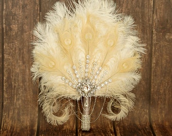 18" Big  silver Bridal Fan brooch Bouquet Ostrich Big alternative Feather Fan Bridal Ivory Great Gatsby 1902s art deco wedding bouquet