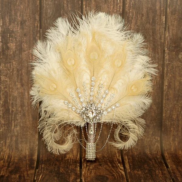 18" Big  silver Bridal Fan brooch Bouquet Ostrich Big alternative Feather Fan Bridal Ivory Great Gatsby 1902s art deco wedding bouquet