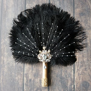 Gold Black Brooch Bridal Fan alternative Ostrich Feather Fan Bridal Bouquet  Gatsby 1920s Bouquet bridesmaid fan wedding groom boutonniere