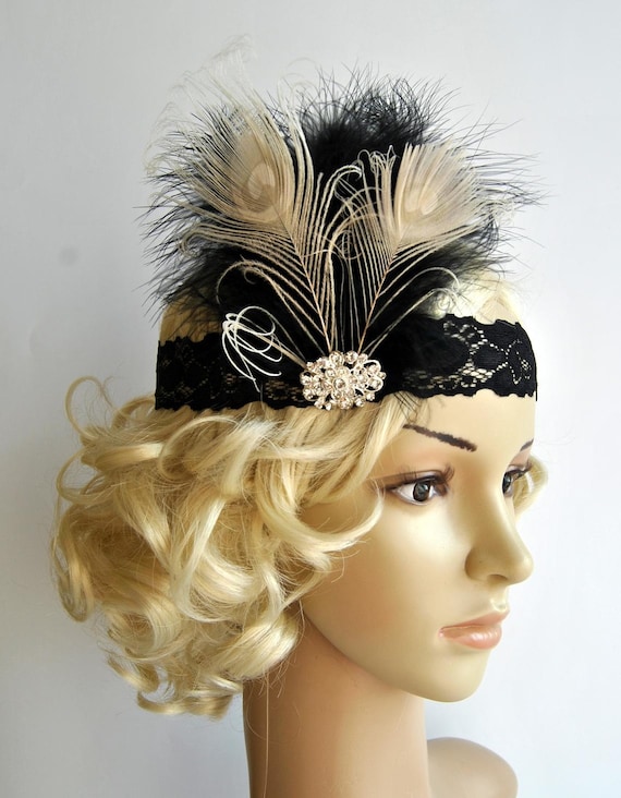 Flapper Lace Rhinestone Feather Headband the Great Gatsby Headband 1920 s Feather Lace Flapper Costume Black Silver Gatsby Headband Etsy Canada