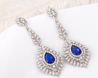 SCARLETT Blue Chandelier Vintage Crystal Bridal Earrings Long Victorian Style Earrings Wedding Jewelry drop wedding Blue Bridal Earrings