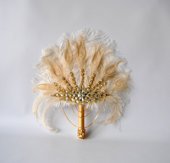 18 Tall Gorgeous Gold Bridal Fan Brooch Bouquet Ostrich | Etsy