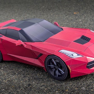 Modelos de carros esportivos Chevrolet Corvette Stingray Red Lava DIY 3D Papercraft, modelo Papercraft para adultos e crianças, download instantâneo PDF
