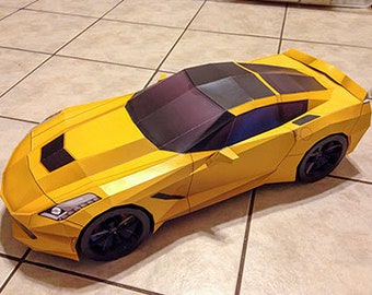 Corvette Stingray Yellow Lightning DIY 3D Papercraft Sports Car Templates, Papercraft Model for Adults and Kids, Instant Download PDF