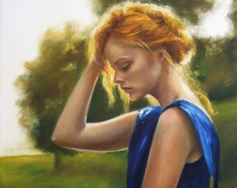 Mujer con vestido azul, pintura al óleo sobre lienzo, arte original, arte italiano, estilo impresionista, arte figurativo, arte impresionista, retrato