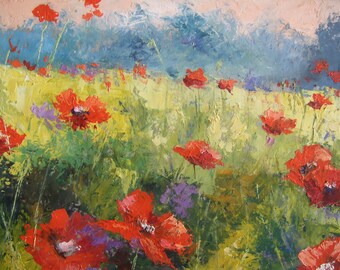 Amapolas, Pintura al óleo, Arte original, Pintura de Italia, Estilo impresionista, Arte figurativo, Arte impresionista, Paisaje, Naturaleza, Amapola, Rojo