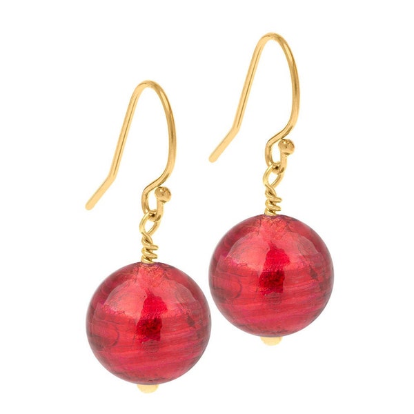 Red Murano Glass Earrings on Gold | Red Glass Earrings | Red Earrings | Red Drop Earrings | Round Red Earrings on Gold