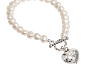 Cream Pearl Bracelet with Silver Heart | Freshwater Pearl Bracelet | Heart Bracelet | Beaten Silver | Pearl Wedding Jewellery