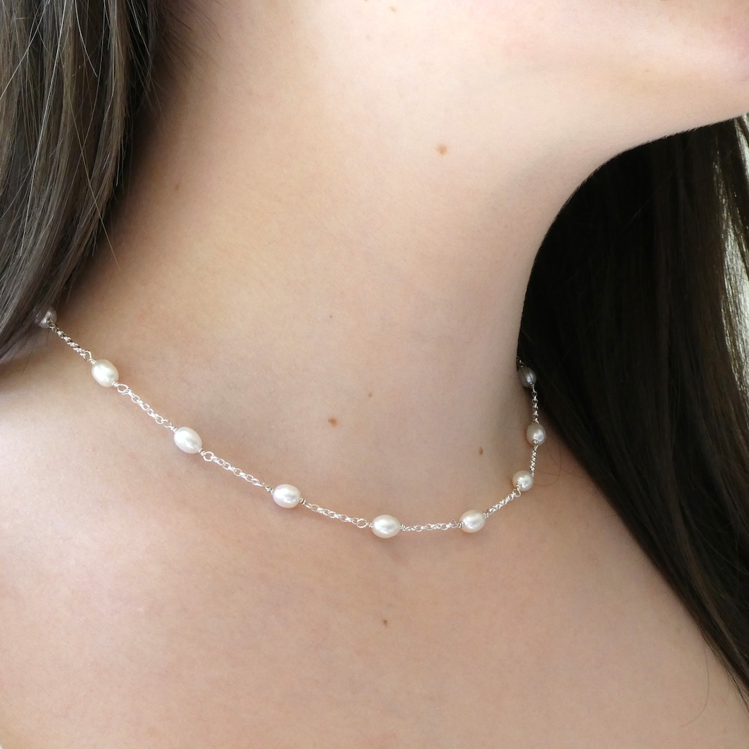 Silver and Pearl Necklace, Silver Chain Necklace With Pearls, Delicate — free download