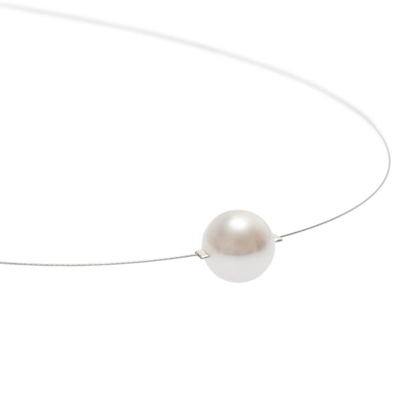 Single Pearl Floating Necklace | Floating Pearl Necklace | Pearl on Wire | Single White Pearl | Illusion Necklace | Bridal Necklace