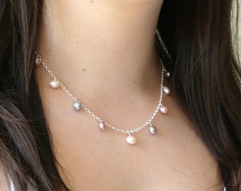 Silver and Pearl Necklace | Silver Chain Necklace with Pink, Grey and White Pearls | Silver Necklace with Pearl Charms