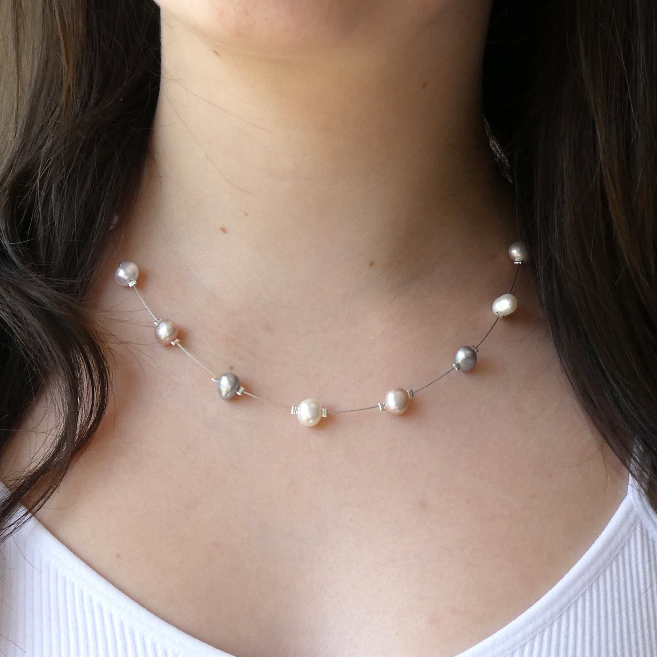 Floating Pearl Necklace | Floating Pearls | Pearls on Wire | Wire Pearl Necklace | Illusion Necklace