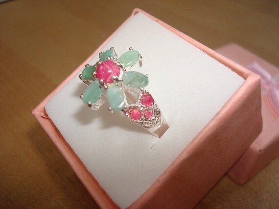 Genuine Emerald And Ruby Sterling Silver Flower R… - image 3