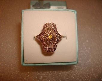 Diamond Cut Yellow Citrine 14k Gold / 925 Sterling Silver Open Filigree Victorian Style  Ring Size 5