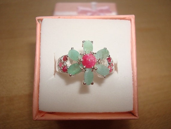 Genuine Emerald And Ruby Sterling Silver Flower R… - image 1