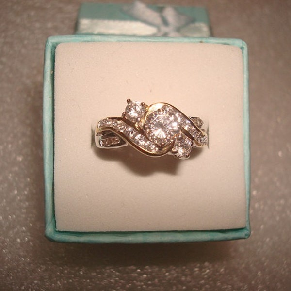 Genuine White Diamond And White Sapphire 14k Gold / 925 Sterling Silver Engagement Ring Size 5