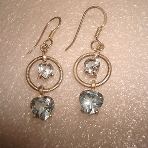 Double Heart Cut Blue Topaz 925 Sterling Silver Dangle Hook Earrings NOS