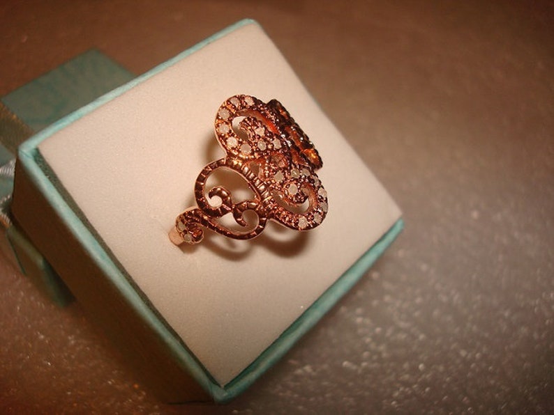 Genuine Natural White Diamond 14k Rose Gold 925 Sterling Silver Open Filigree Style Ring Size 8.25