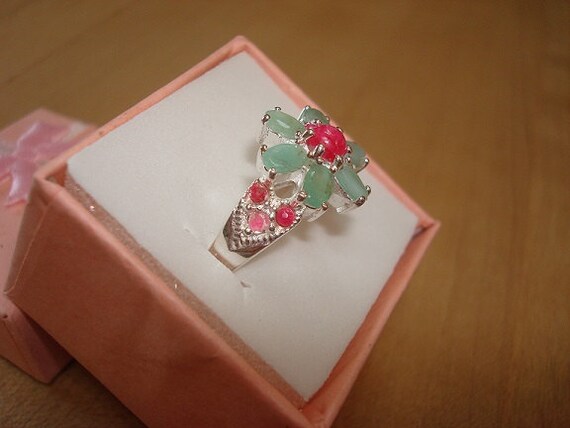 Genuine Emerald And Ruby Sterling Silver Flower R… - image 4