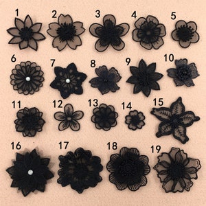 Black Lace applique,5pcs flower appliques,3D lace sticker image 1
