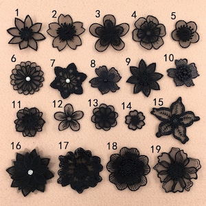 Black Lace applique,5pcs flower appliques,3D lace sticker image 1