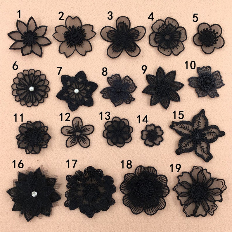 Black Lace applique,5pcs flower appliques,3D lace sticker image 1