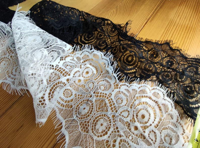 3 Yards off white French Chantilly Lace ,Exquisite Wide Black Eyelash Lace Trim-LSET020 image 9