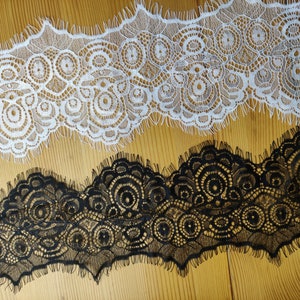 3 Yards off white French Chantilly Lace ,Exquisite Wide Black Eyelash Lace Trim-LSET020 B