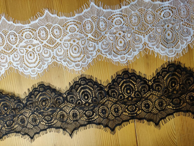 3 Yards off white French Chantilly Lace ,Exquisite Wide Black Eyelash Lace Trim-LSET020 B