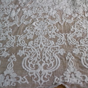 ivory Embroidery lace on silk fabric,crinkle silk chiffon lace fabric in beige white,wedding dress fabric