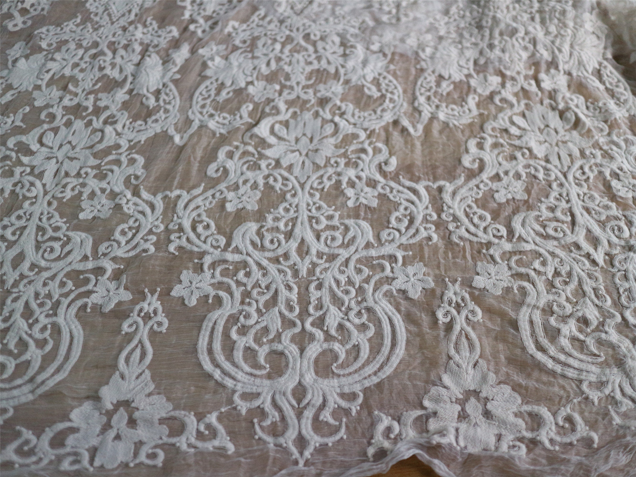 Ivory Embroidery Lace on Silk Fabric,crinkle Silk Chiffon Lace Fabric in  Beige White,wedding Dress Fabric 
